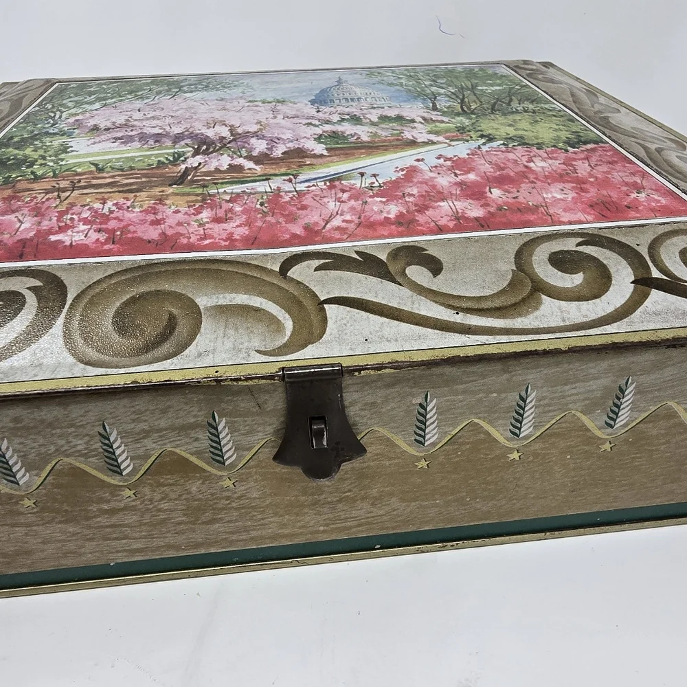 Vtg Sunshine biscuit tin box the capitol cherry trees lided scenery storage‎
